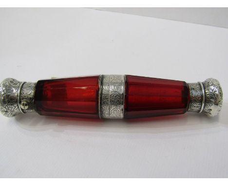 VICTORIAN PERFUME FLASK, ruby glass 2 section silver mounted perfume flask 