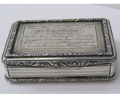 WILLIAM IV SILVER PRESENTATION SNUFF BOX, HM silver rectangular snuff box with presentation inscription to "Robert Gillett, 1