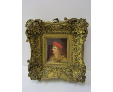 PORTRAIT MINIATURE, "Portrait of Young Boy with a Red Cap" inscribed Louisa Stanley 1828 on reverse 