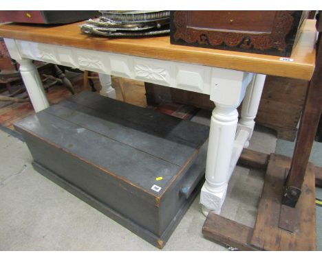 PINE TOPPED DINING TABLE, painted pillar support and stretcher base, 63" x 28" top 
