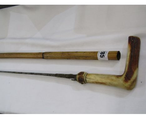 WEAPON, vintage antler handled sword stick in bamboo sheath 