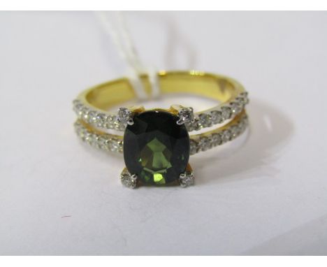 18ct YELLOW GOLD GREEN SAPPHIRE &amp; DIAMOND RING, principal oval cut green sapphire set in diamond tip 4 claw setting, with