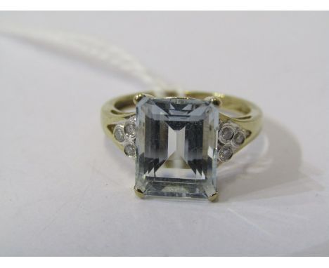 9ct YELLOW GOLD AQUAMARINE &amp; DIAMOND RING, principal rectangular cut aquamarine set with 3 small accent diamonds to each 