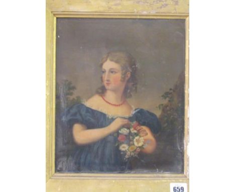 19th CENTURY ENGLISH SCHOOL, "Portrait of Young Lady with Flowers", 11" x 9.5" 