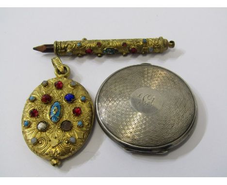 SILVER COMPACT, gilt pencil and mirror 