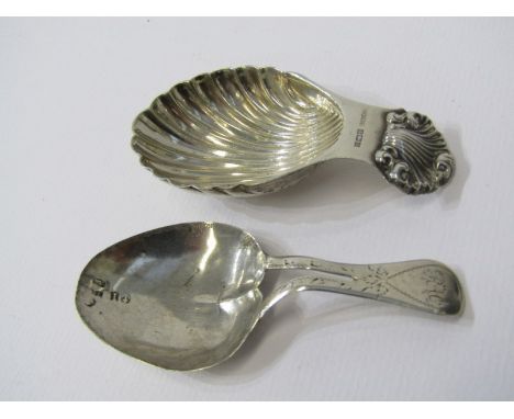 CADDY SPOONS, Georgian design HM silver shell design caddy spoon, together with Georgian bright cut caddy spoon, a/f 
