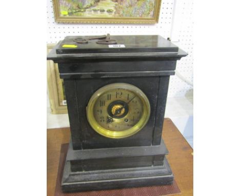 BLACK MARBLE MANTEL CLOCK, gilt metal face &amp; coiled bar strike, 14" height 