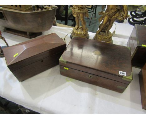 VICTORIAN ROSEWOOD WRITING SLOPE, together with Victorian mahogany triple section tea caddy 