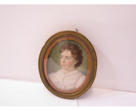 MINIATURE PORTRAIT, oval portrait on ivory, "Lady in a White Blouse" 