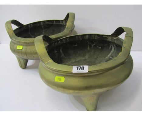 ORIENTAL METALWARE, pair of Chinese brass circular temple censors, dragon seal bases and twin lug handles, 9" diameter 