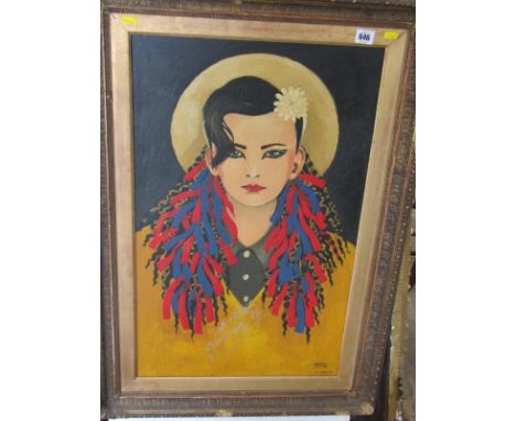 BOY GEORGE, Carol Payne signed oil on panel dated 1983 "Portrait of Boy George", also signed twice by sitter, 27" x 16.5" 