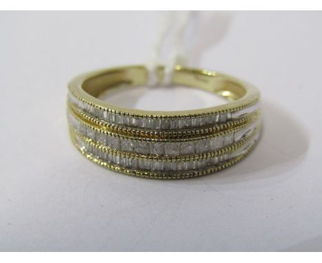 9ct YELLOW GOLD DIAMOND SET 3 ROW HALF ETERNITY STYLE RING, size P/Q 