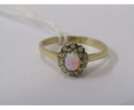 9CT YELLOW GOLD OPAL CLUSTER RING, size P/Q 