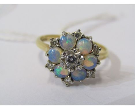 18ct YELLOW GOLD OPAL &amp; DIAMOND CLUSTER RING, principal brilliant cut diamond surrounded by 6 well matched opals and 6 ac