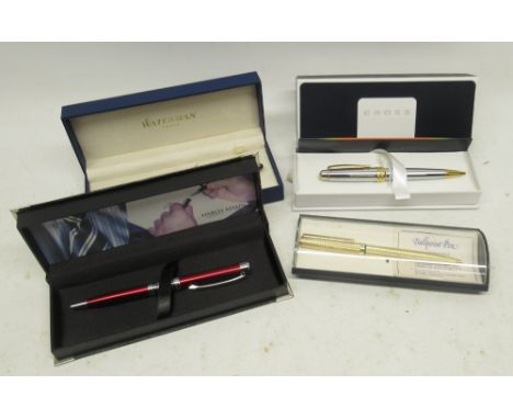 Waterman Paris, gold plated and amber ball point pen; Cross stainless steel and gold plated ball point pen; Harvey Makin stai