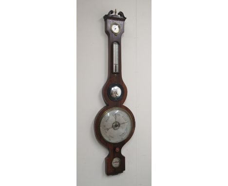 M. Barnasconi, Leeds, 19th Century rosewood wheel barometer, swan neck pediment over hydrometer, thermometer, butler's mirror