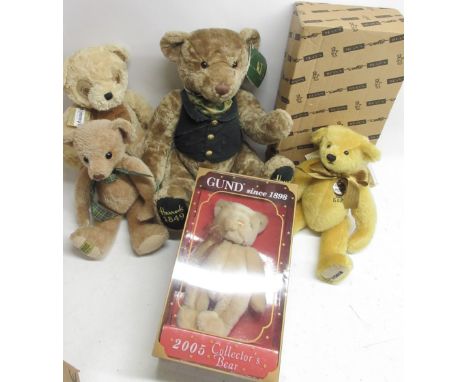 Five teddy bears to include, Dean's golden jubilee teddy bear, with box and tags, Harrods 1999 teddy bear, Merrythought teddy