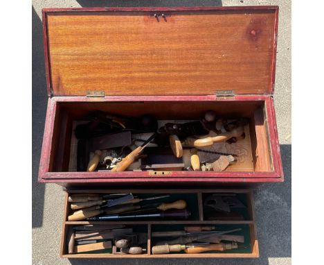 Well made wooden joiners toolbox with pull out compartment and quantity of tools including chisels, squares, various planes e
