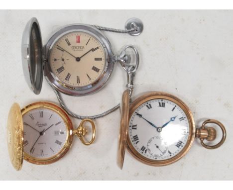 Record rolled gold keyless hunter pocket watch, white enamel Roman dial with subsidiary seconds, Dennison Watch Case Co. Ltd.