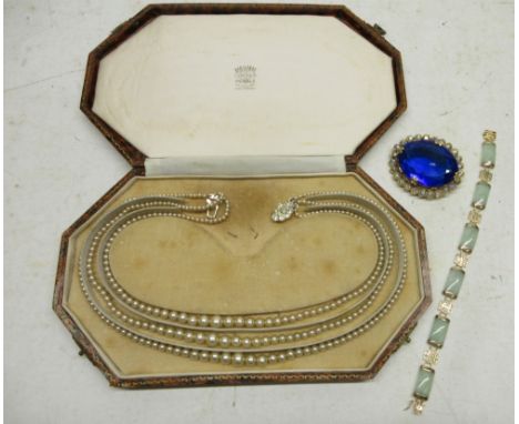 Jade and 9ct yellow gold Chinese panel bracelet, stamped 9, a Lotus three string pearl necklace, and a costume jewellery broo
