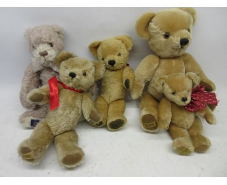 Five Merrythought teddy bears to include, golden mohair growling teddy bear H45cm, International collectors club bear H27cm, 