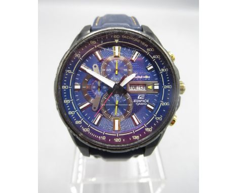 Casio Edifice Infiniti Red Bull Racing PVD coated quartz chronograph wristwatch with day/date, signed blue dial with three su
