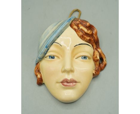 Beswick Ware Art Deco wall mask, lady with blue beret, H16.5cmShipping £33.00 plus vat (UK Only)