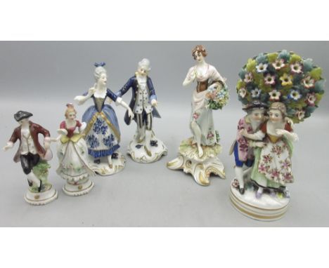 Two Volkstedt porcelain figures of a gentleman and lady model Nos. V20657 & V20658, two capodimonte figures and two other fig