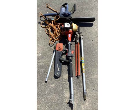 Challenge Xtreme 1800w electric chainsaw and a petrol Professional PNM25 pole pruner saw with two attachments and long reach 