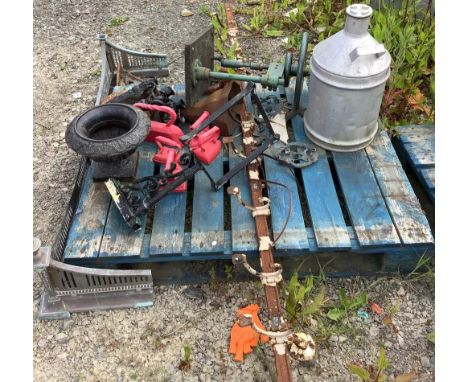 Galvanised Milk churn, cast iron hopper, five vintage irons, pair of wall sconces, brass fender, industrial hat and coat rack