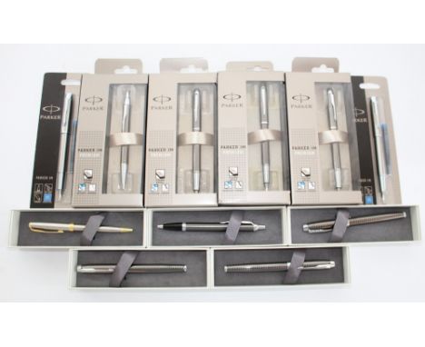 Five Parker IM premium rollerball pens with boxes; Four Parker IM premium fountain pens, with gift boxes; Parker IM fountain 