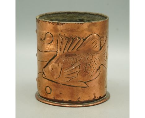 Newlyn tea caddy, with stylized fish in relief, missing lid, H7cmShipping £28.00 plus vat (UK Only)