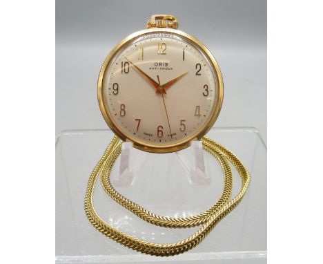 Oris gold plated keyless pocket watch, signed silvered Arabic dial with centre seconds, signed snap on case back, Oris 652 KI