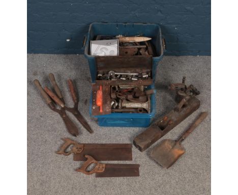 Two boxes of Vintage Woodwork Tools. To include wood plains, saws, garden shears, spanners and spanner heads etc.  Condition 