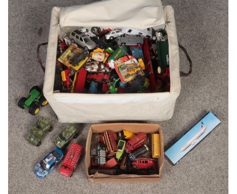 A box of mostly play worn diecast model vehicles. Includes vintage Dinky, Lledo, Matchbox etc.  