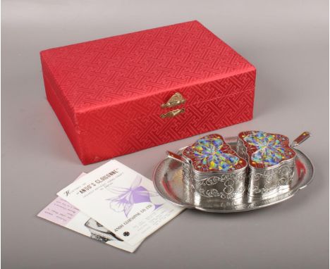 A boxed Ando Cloisonne Co. enamel butterfly conserve pots &amp; spoons with serving tray.  