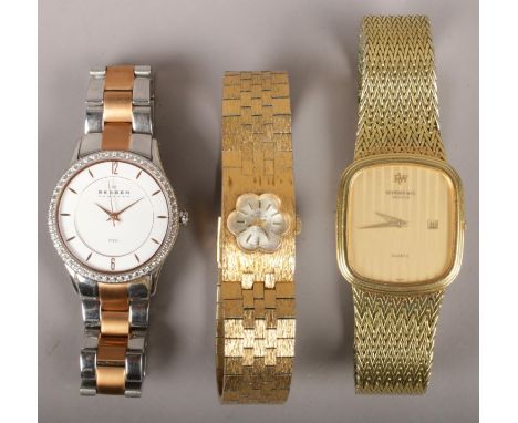 Three ladies wristwatches. Including Raymond Weil quartz gold plated example, Skagen, Mondiane manual example.  