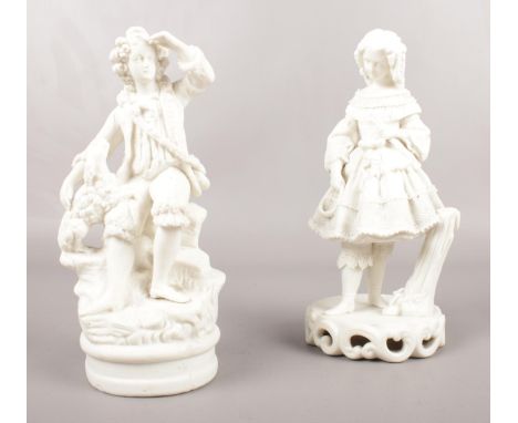 Two Parian figures. A girl with hoop &amp; stick 23cm height, a boy with dog 22cm height.  