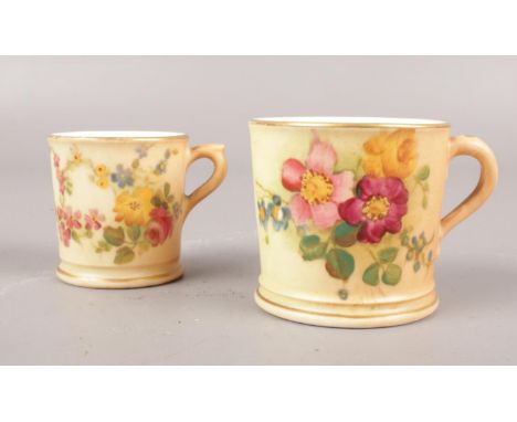 Two Royal Worcester Blush ware miniature mugs. floral decoration, 4cm height.  