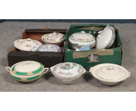 Two boxes of assorted ceramic lidded tureens. Johnson Bros, Myotts, Maddock examples etc.  