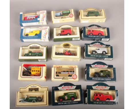 A collection of 15 Lledo die cast vehicles. 1950 Morris Z Van (Singer Sewing Machine), Dick Kerr Tram (Nestle Milk), 1955 Den