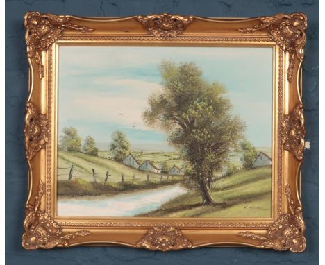 R. Miller, gilt framed oil on canvas, rural scene, signed 49 x 39 cm.  