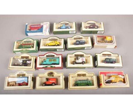 A collection of 15 Lledo Days Gone die cast vehicles. 1928 Karrier Trolley Bus (Marks &amp; Spencer), 1932 AEC Regal Single D