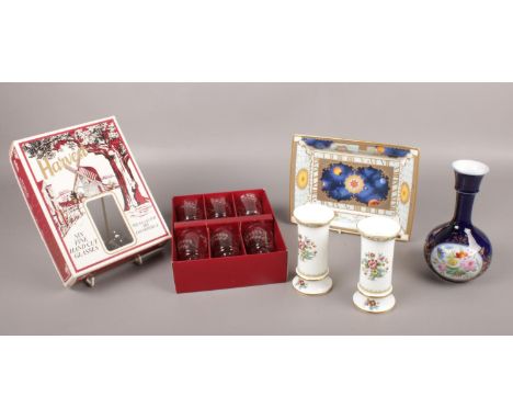 A group of miscellaneous. Royal Worcester Millenium dish, Two Coalport bud vases, Harvest 1970's hand cut sherry glasses boxe