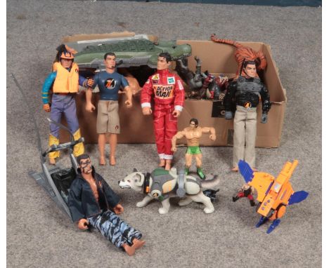 Two boxes of assorted toys. Action Man figures &amp; accessories, WWE figures, Hasbro Transformer examples etc.  