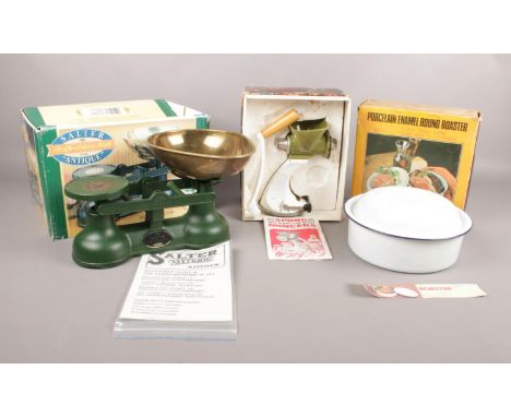 Three Boxed Kitchenalia items - To include a Falcon Enamel Round Roaster with lid, Salter weighing scale and a 'Spong Mincer'