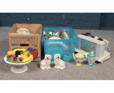 Two boxes of miscellaneous. Royal Doulton, The Leonardo Collection, ELPA Alcobaca, vintage weights. To include a vintage Gobl