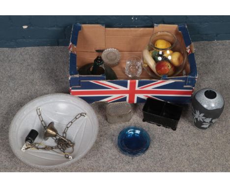 A box of mostly glassware. Including overlaid vase, tea caddy, lamp shade, paperweights, etc.  