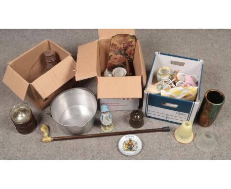 Three boxes of miscellaneous. To include a Swan Brand twin handled cooking pot, a wooden walking stick and a quantity of mixe