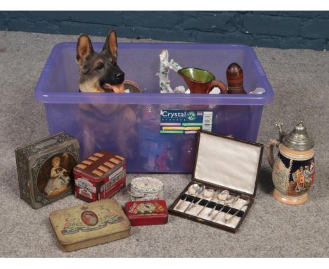 A box of miscellaneous. Boxed silver plate teaspoons &amp; sugar tongs, vintage advertising tins Fisherman's friend, Thorne's